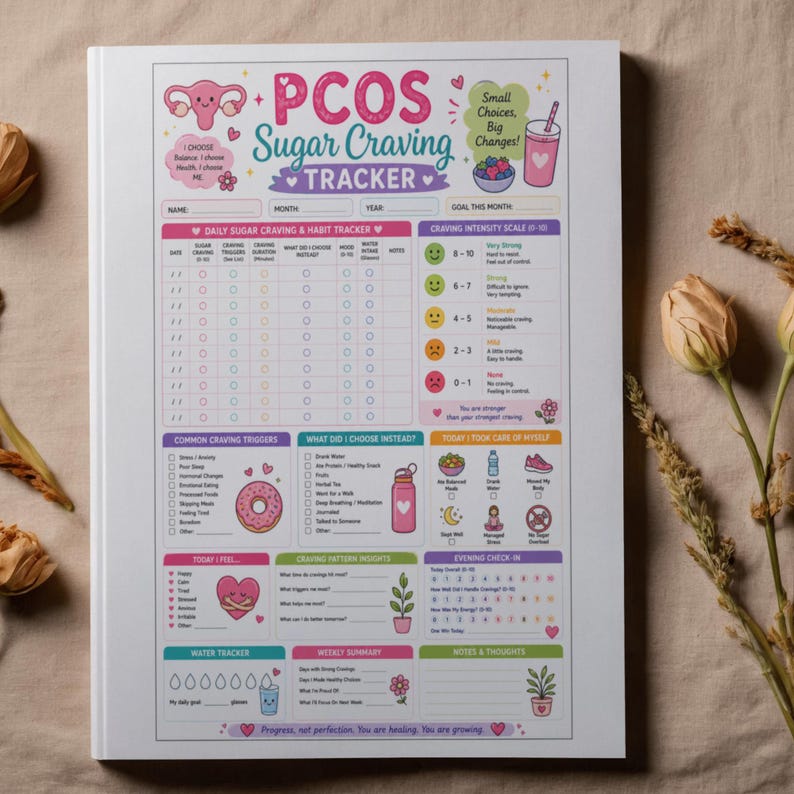 Pu&ograve; includere: Un quaderno bianco 'PCOS Sugar Craving Tracker' con illustrazioni colorate. Include sezioni per il monitoraggio quotidiano delle voglie, delle abitudini e degli obiettivi, con una scala di intensit&agrave; delle voglie e spazio per le note.