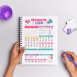May include: A spiral-bound "Headache Log" notebook with colorful illustrations and the title in pink and yellow. The notebook includes sections for tracking symptoms, pain levels, and self-care reminders. A purple cup and a pen are also visible.