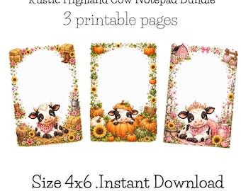 Rustic Highland Cow Notepad Bundle Printable, Highland Cow Memo Pad, Farmhouse Stationery, To Do List, Gift for Her PDF PNG