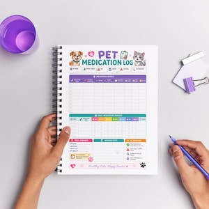 May include: A spiral-bound pet medication log with a purple and white design. The log includes sections for medication details, a daily medication tracker, refill reminders, and important notes. The title "Pet Medication Log" is at the top, with illustrations of a dog and cat.