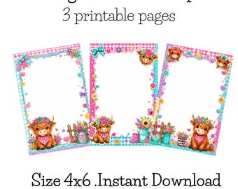 Highland Cow Notepad Printable | Cute Cow Writing Pad PDF | Cottagecore Notes Page | Instant Download Stationery