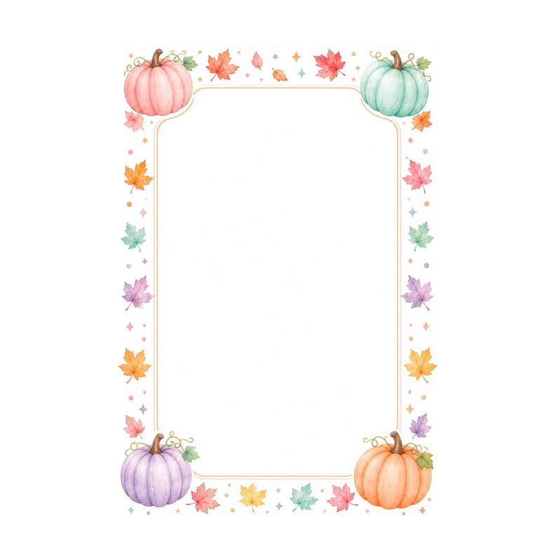 May include: A rectangular frame featuring a thin gold border decorated with watercolour illustrations of pumpkins in shades of pink, teal, purple, and orange, interspersed with colourful autumn leaves and small four-pointed star accents.