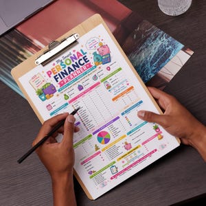 May include: A My Smart Personal Finance Planner sheet on a wooden clipboard. The white paper features colorful sections for income, expenses, savings, debt, and budget breakdown, decorated with illustrations of piggy banks, coins, and a calculator.