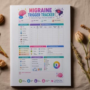 May include: A white migraine trigger tracker notebook with colorful sections for tracking symptoms, pain levels, and relief methods. The cover features the text "MIGRAINE TRIGGER TRACKER" and illustrations of a brain and a person.