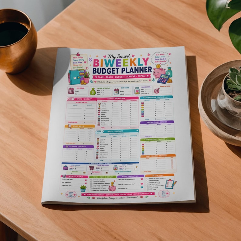 May include: A white paper biweekly budget planner with colorful text and icons. The header reads My Smart BIWEEKLY BUDGET PLANNER. It includes sections for income tracking, expense breakdown, cash envelope trackers, and financial goal setting.