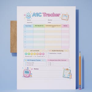 May include: A colorful A1C Tracker sheet with sections for test dates, results, and notes. Includes a level guide, progress tracker, and health monitoring sections. A pencil rests beside the sheet. The text "A1C Tracker" is at the top.