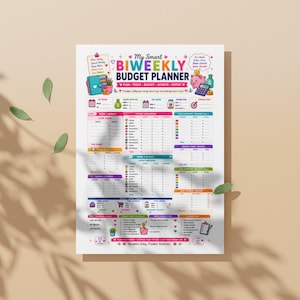 May include: A white paper sheet titled My Smart BIWEEKLY BUDGET PLANNER with colorful text, icons of a piggy bank, calculator, and money bags. The layout includes sections for income, expense breakdowns, cash envelope trackers, and financial goals.