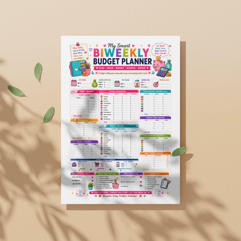 May include: A white paper sheet titled My Smart BIWEEKLY BUDGET PLANNER with colorful text, icons of a piggy bank, calculator, and money bags. The layout includes sections for income, expense breakdowns, cash envelope trackers, and financial goals.