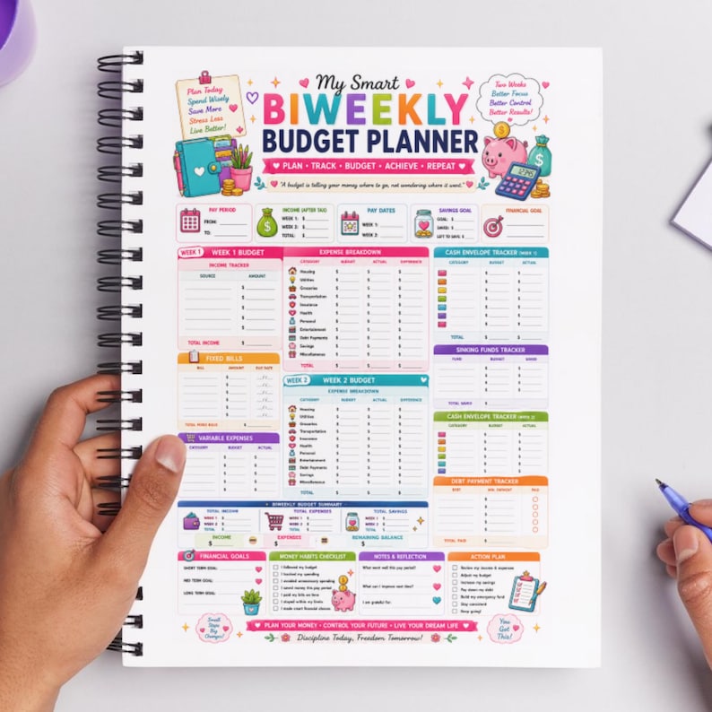 May include: A spiral-bound My Smart BIWEEKLY BUDGET PLANNER with colorful sections for income, expenses, cash envelopes, and debt tracking. The page features illustrations of a piggy bank, calculator, and money bags, with printed text prompts for financial goals, habits, and notes.