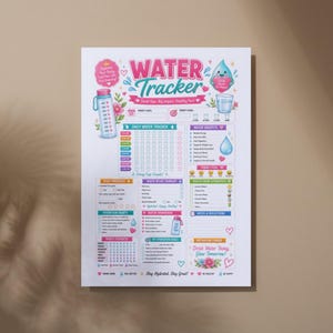 May include: A colorful water tracker poster with the words "WATER Tracker" in pink and blue. The poster includes sections for daily and weekly progress, water intake, and hydration goals. It features a water bottle and a water droplet.