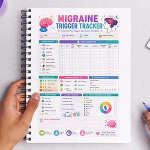 Pode incluir: Um caderno espiral para rastrear gatilhos de enxaqueca, com seções para sintomas e métodos de alívio. A capa apresenta o texto "MIGRAINE TRIGGER TRACKER" e ilustrações.