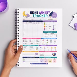 May include: A spiral-bound notebook with a "NIGHT ANXIETY TRACKER" design. The tracker includes sections for nightly anxiety logs, evening anxiety levels, triggers, rituals, and sleep quality. The design features a moon, stars, and pastel colors.