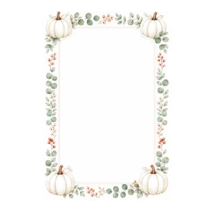 May include: A rectangular frame featuring a watercolour illustration of four white pumpkins, one at each corner. The border is decorated with green eucalyptus leaves and small clusters of orange berries, creating a seasonal botanical design.
