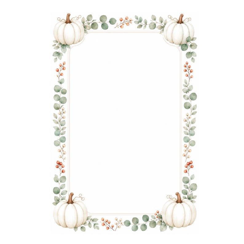 May include: A rectangular frame featuring a watercolour illustration of four white pumpkins, one at each corner. The border is decorated with green eucalyptus leaves and small clusters of orange berries, creating a seasonal botanical design.
