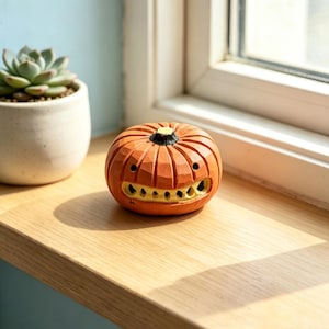 Handgesneden houten jack-o-lantern beeldje, spookachtig pompoenmonster standbeeld Halloween herfst bureau decor cadeau