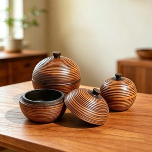 Pode incluir: Quatro tigelas decorativas de madeira com tampas. As tigelas são castanhas com um design listrado e tampas castanhas escuras. Uma tigela está aberta, revelando um interior escuro. As tigelas estão dispostas sobre uma mesa de madeira.