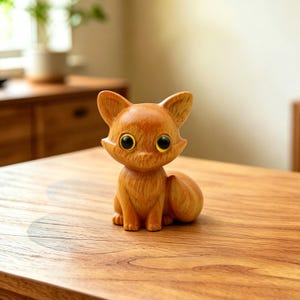 Könnte beinhalten: Eine Holzfigur eines Fuchses mit großen, ausdrucksstarken Augen. Der Fuchs ist aus hellbraunem Holz geschnitzt und hat einen abgerundeten Schwanz. Die Figur steht auf einem Holztisch, der Hintergrund ist unscharf.