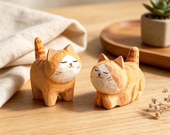 Hand Carved Wooden Orange Tabby Cat Figurine, Cozy Desk Decor, Cat Lover Gift