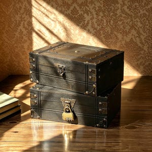 May include: Two rectangular dark wooden storage boxes stacked vertically. The top box features a metal latch, while the bottom box is secured with a brass-colored combination padlock. Both boxes have decorative metal corner accents and hinges.