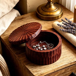May include: A round, dark brown wooden jewelry box with a carved, sunburst-patterned lid and vertical fluted sides. The lid is partially open, revealing a silver chain necklace with small round beads and a silver ring resting inside the box.