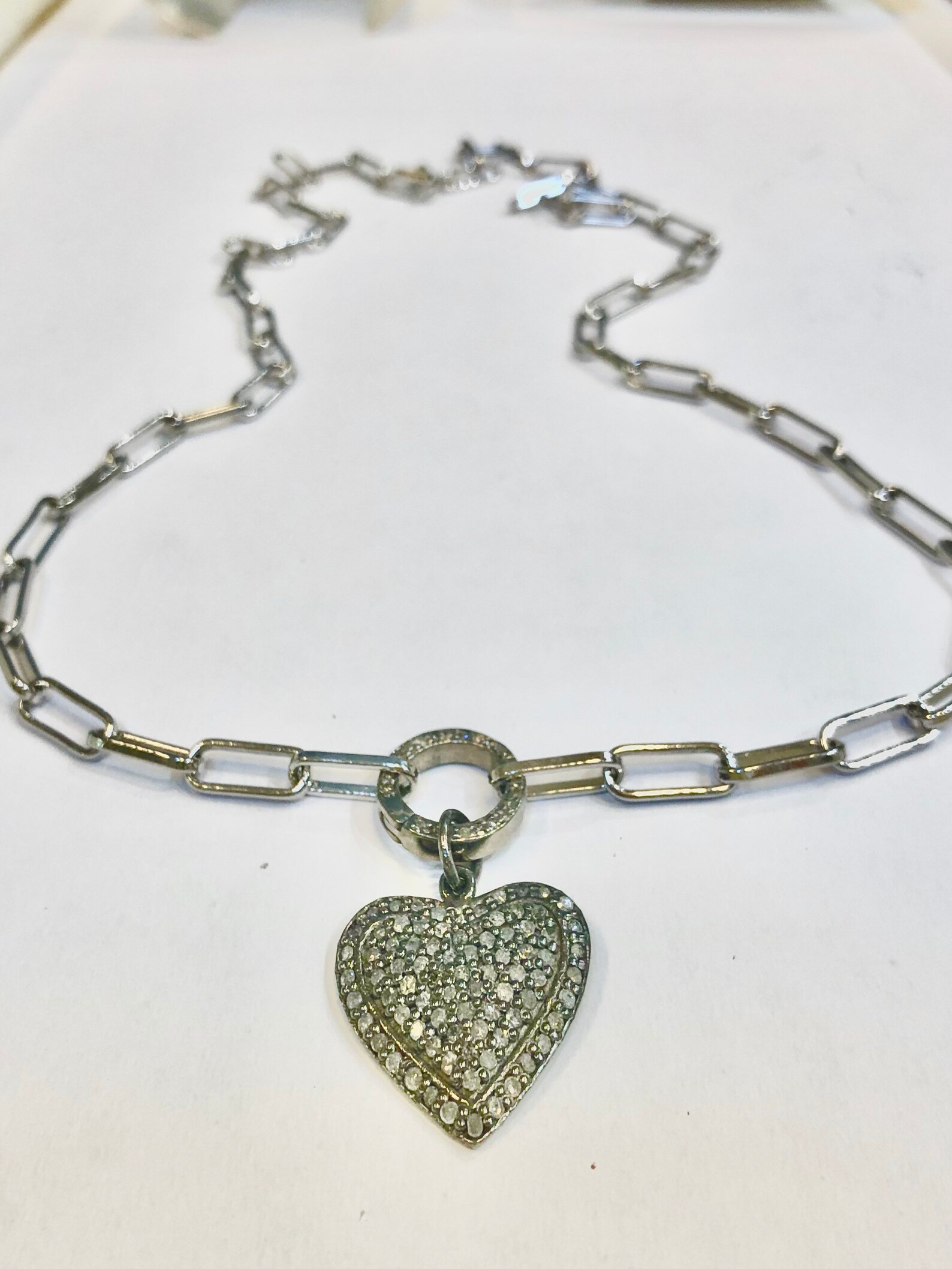 White Gold Paperclip Chain Necklace with Pave Diamond Heart Etsy