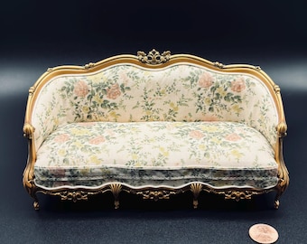 Dollhouse 1:12 French floral sofa with gold leaf detailed trim