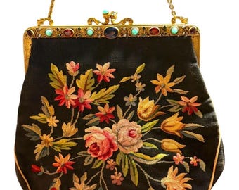 Antique Petit Point Needlepoint Purse Brass Fittings Austria 1930 Floral