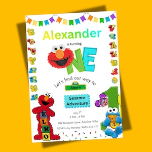 May include: A colorful birthday invitation featuring Sesame Street characters. The invitation includes the name "Alexander" and the phrase "is turning ONE". The invitation also includes the date, time, and location of the party.