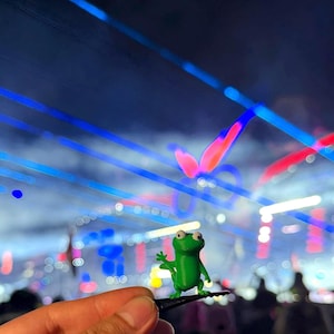 May include: A small, green frog figurine with a friendly expression, mounted on a black hair clip. The frog is waving. The background features a blurred, colorful light display with blue, red, and white lights.