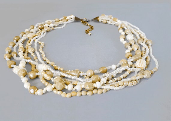 Vintage  beige color  glass beads necklace Multi-… - image 1