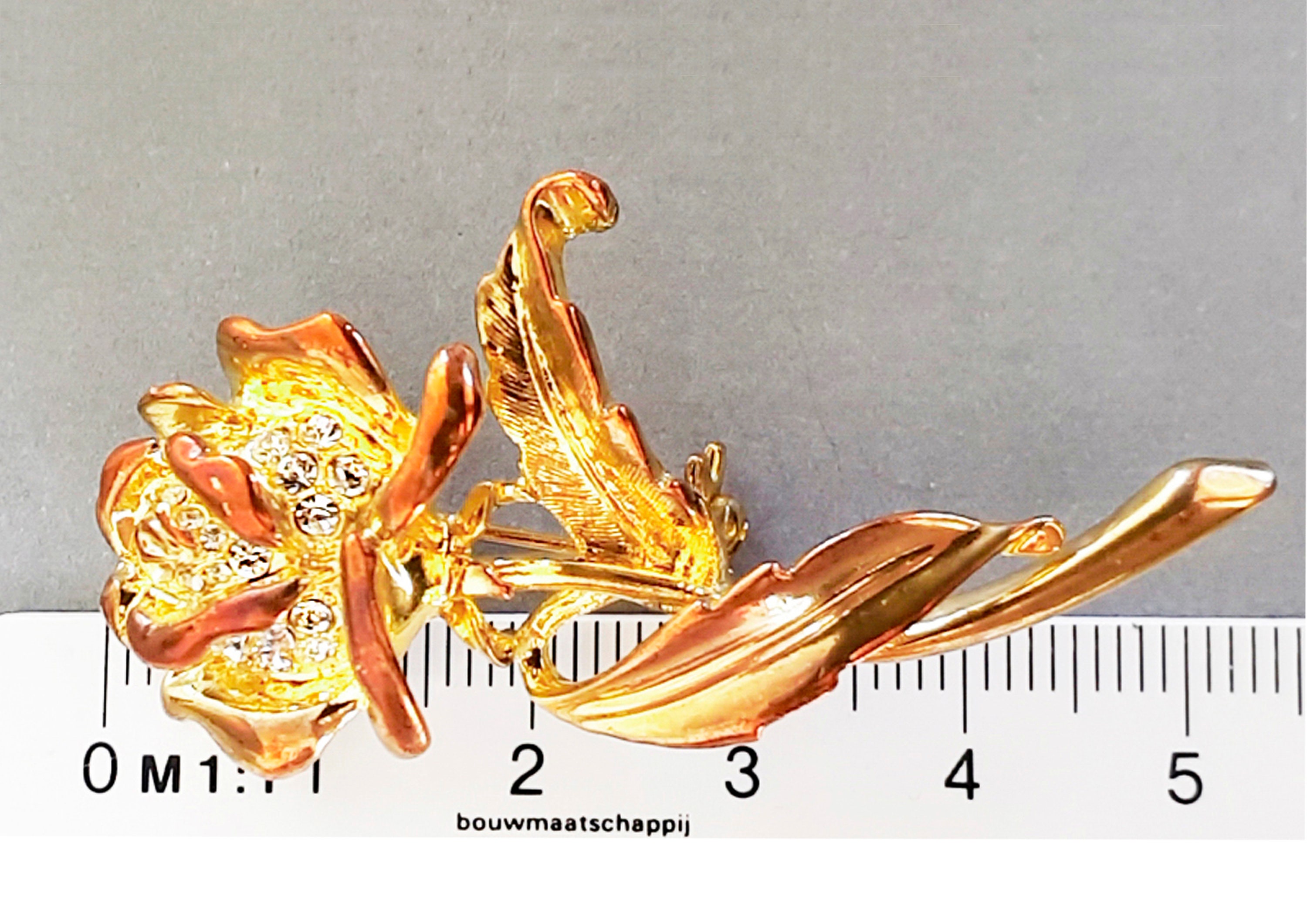 Broche Ancienne Fleur Métal Doré Et Strass - Époque 1900, 2.5x2.3 Cm, Bon état