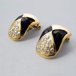 Vintage Gold Tone Black Enamel and Clear Pavė Rhinestone Half Hoop Clip On Earrings