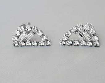 Vintage silver tone metal clear rhinestones clip-on earrings