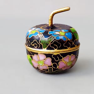 Vintage cloisonné apple trinket box with flowers decor, pill box