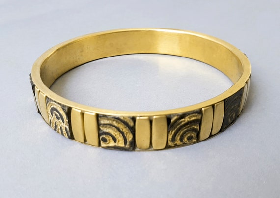 Vintage brass and carved wood  bracelet Brass met… - image 2