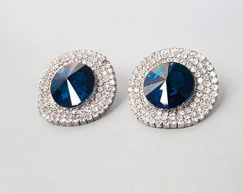 Vintage Blue Rivoli Clear Rhinestones Post Earrings