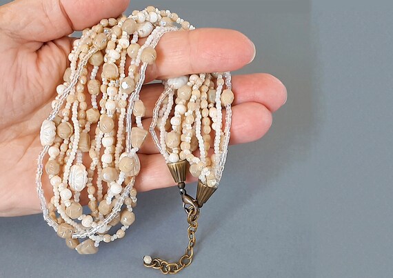 Vintage  beige color  glass beads necklace Multi-… - image 5