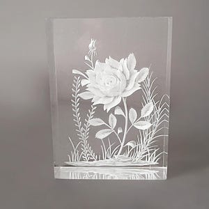 Vintage Reverse Carved Acrylic Rose Design Paperweight, Lucite Floral Collectible Home Decor