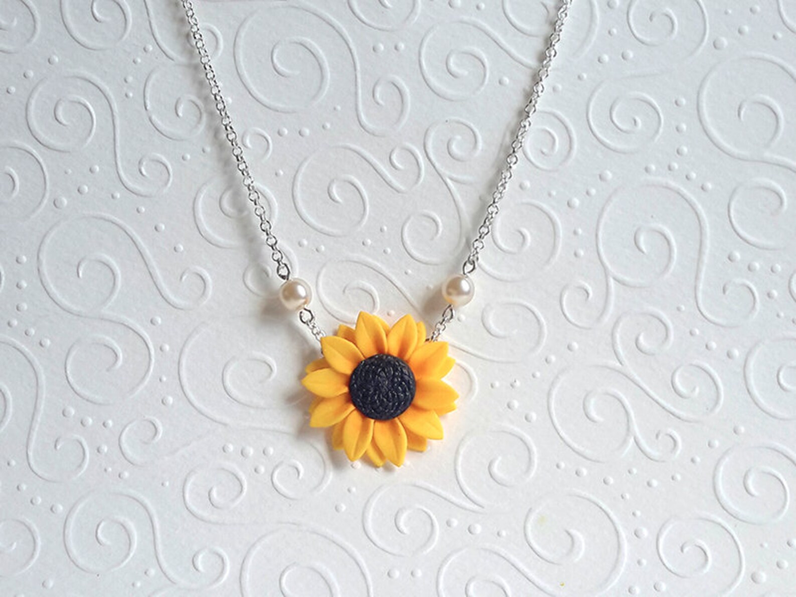 Sunflower Necklace with Swarowsky Pearls Summer Flower Etsy
