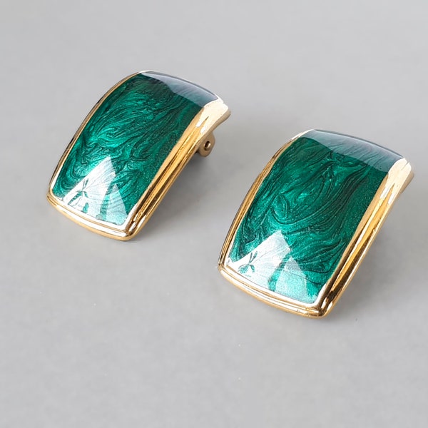 Vintage Gold Tone Teal Enamel  Clip On Earrings