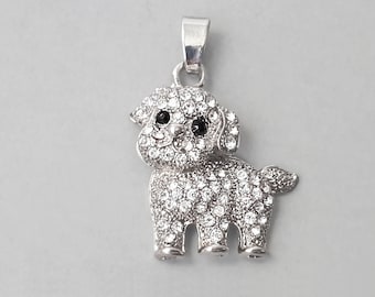 Silver Tone Metal Clear Crystal Puppy Dog Pendant