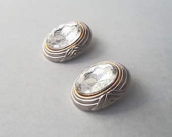 Vintage  Art-deco silver tone  clip-on earrings with  clear rhinestone