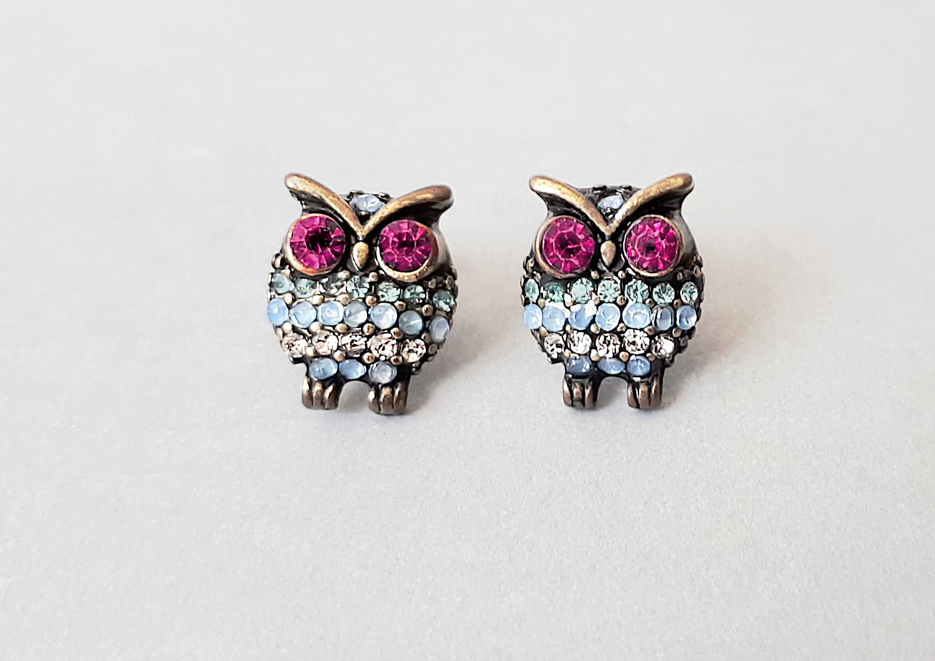 Vintage owls  post earrings with rhihestones