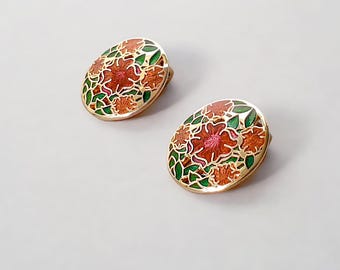 Boucles D'Oreilles Clips Vintage Années 80 - Fleur En Émail Rose & Métal Doré