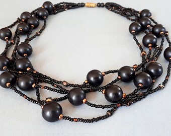 Vintage  black color wooden and glass beads necklace