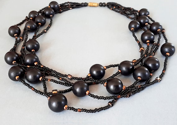 Collier Sautoir Vintage - Grosses Perles Noires En Bois/verre - Longueur Sautoir - Occasion