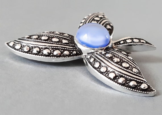 Vintage faux marcasites and  blue moonglow cabach… - image 2