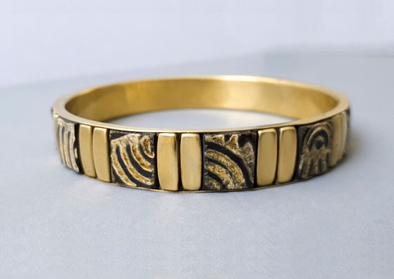 Vintage brass and carved wood  bracelet Brass met… - image 1