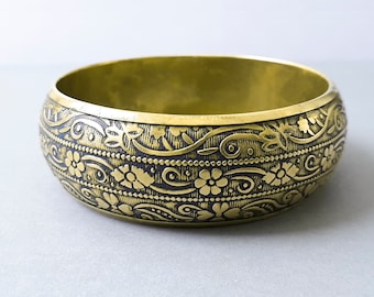 Vintage Stamped Floral Brass Bracelet