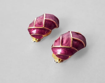 Vintage Gold Tone Plum Color Enamel  Clip On Earrings, Vintage 80s'